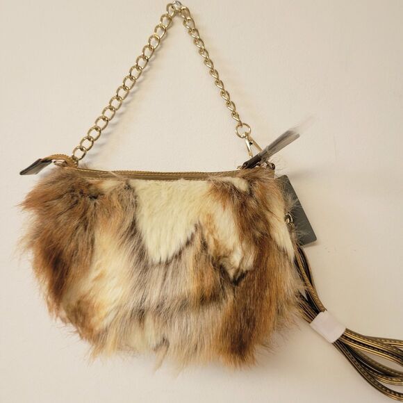 Sharif New York Faux Fur Crossbody Bag Gold Chain Strap NWT Boho Designer Purse - Picture 3 of 12